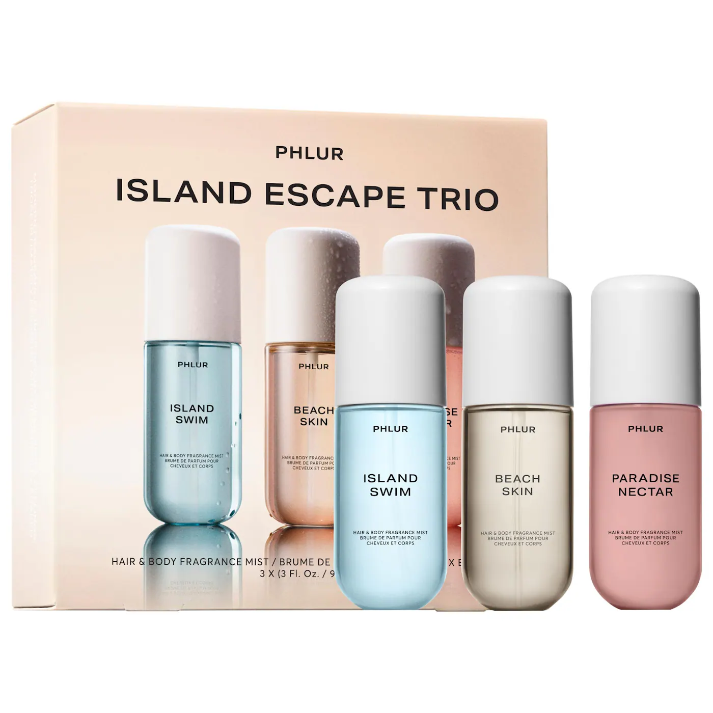 Phlur Island Escape Body Mist Trio set de body mists tropicales y frescos